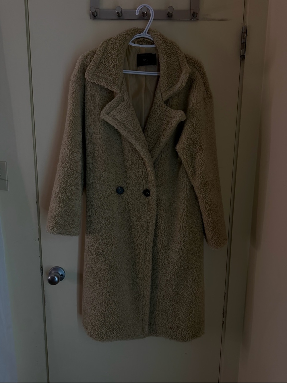 Long Teddy Coat in Beige - Women's Plush Double-Breasted Jacket